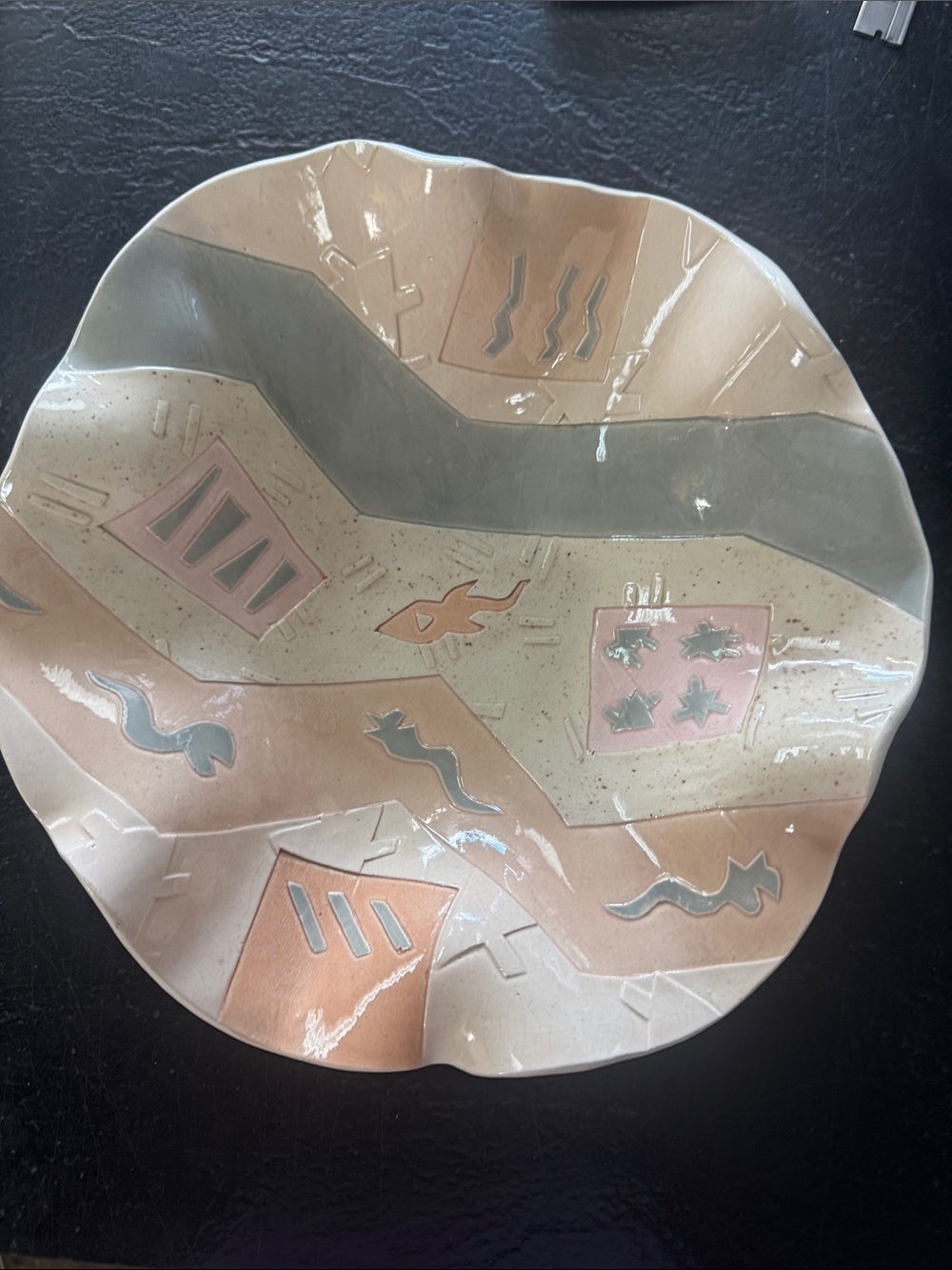 Barbara Demery 1980’s Handcrafted Ceramic Decorative Bowl - Peach, Gray, Cream